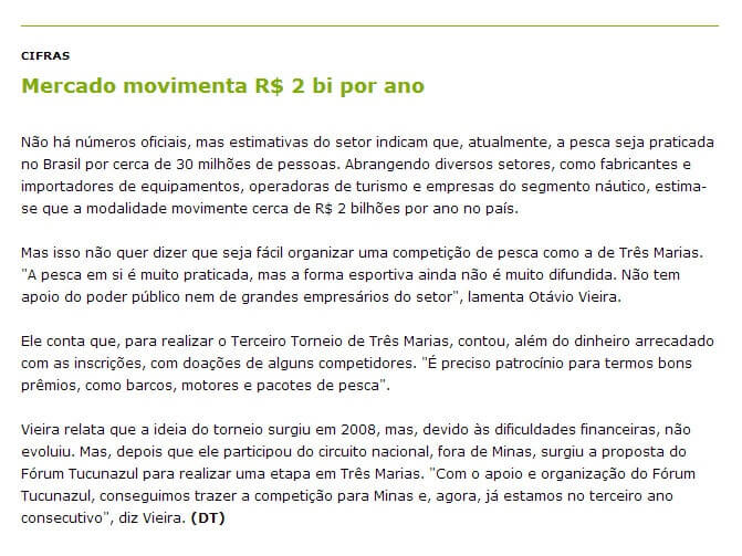 Torneio de Três Marias 2012 - Matéria publicada JORNAL O TEMPO - Torneio de Pesca Esportiva ao Tucunaré, invade a represa de Três Marias - MG